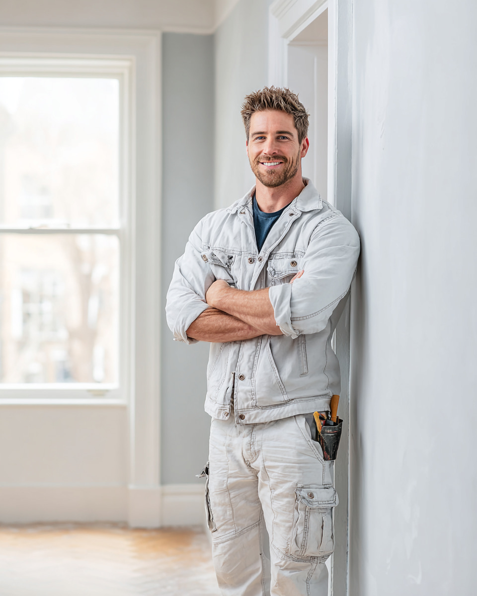 James Mercer, lead contact, smiling in light work jacket and trousers with arms folded in a bright, freshly painted room.