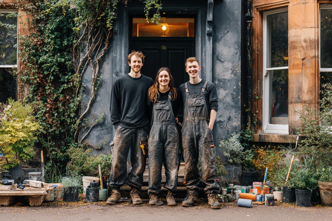 Three Ridgecoat decorators in paint-splattered work clothes, smiling outside a building entrance with tools and paint cans at their feet.