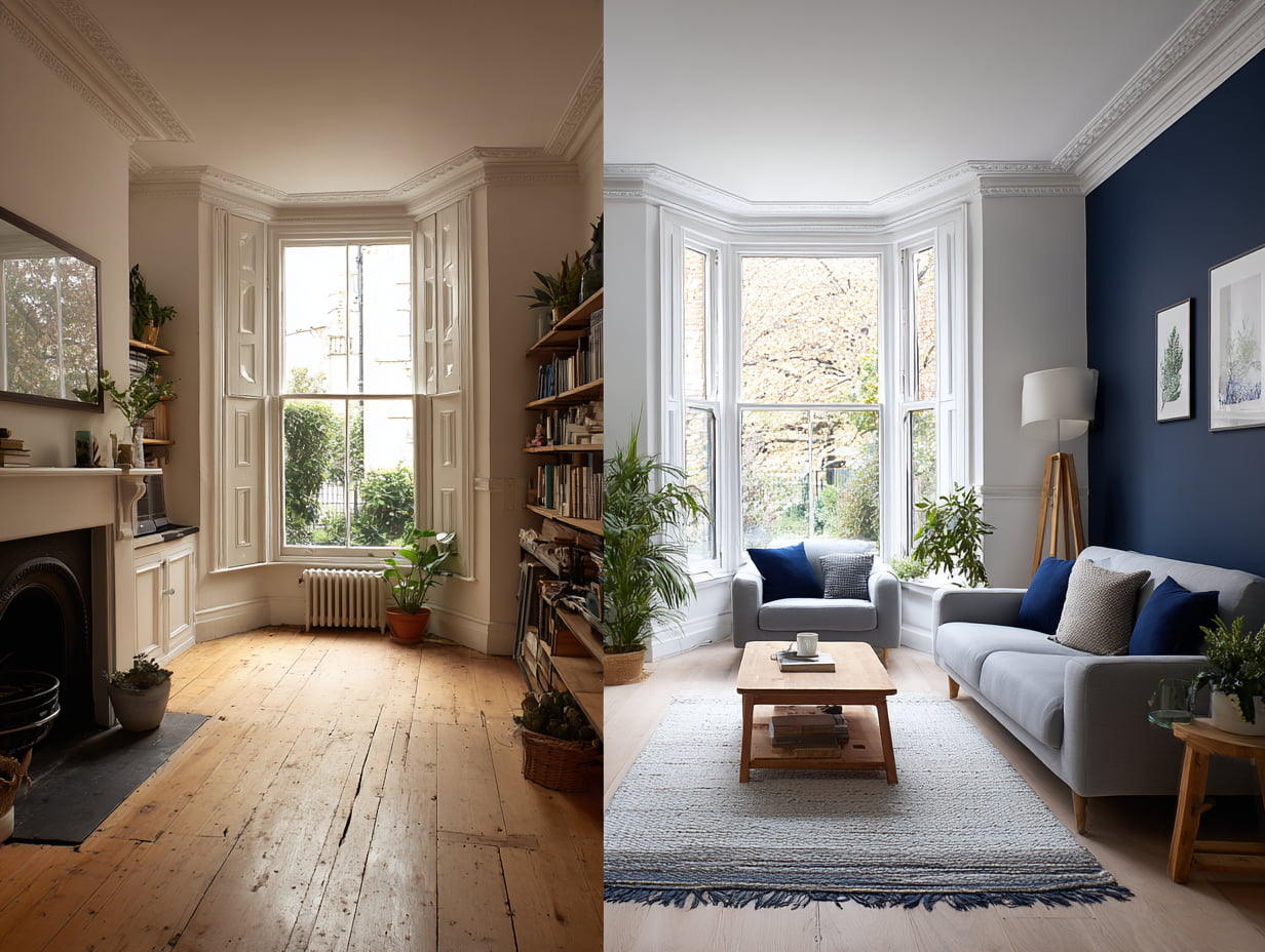 Living room before-and-after: dated cream room versus refreshed space with deep navy feature wall and modern furniture.