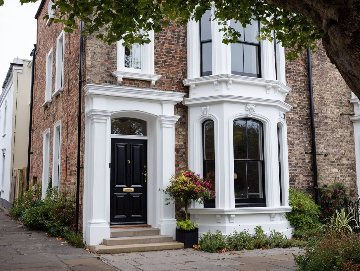 Victorian red-brick townhouse with crisp white trim, black front door and window frames, and stone steps.