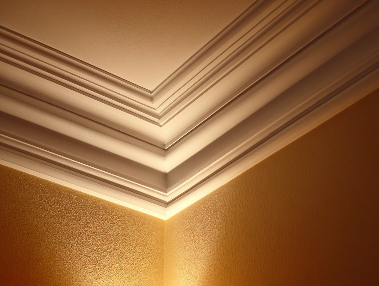 Ornate white crown moulding meeting textured beige walls and a smooth ceiling in a warm-lit corner.