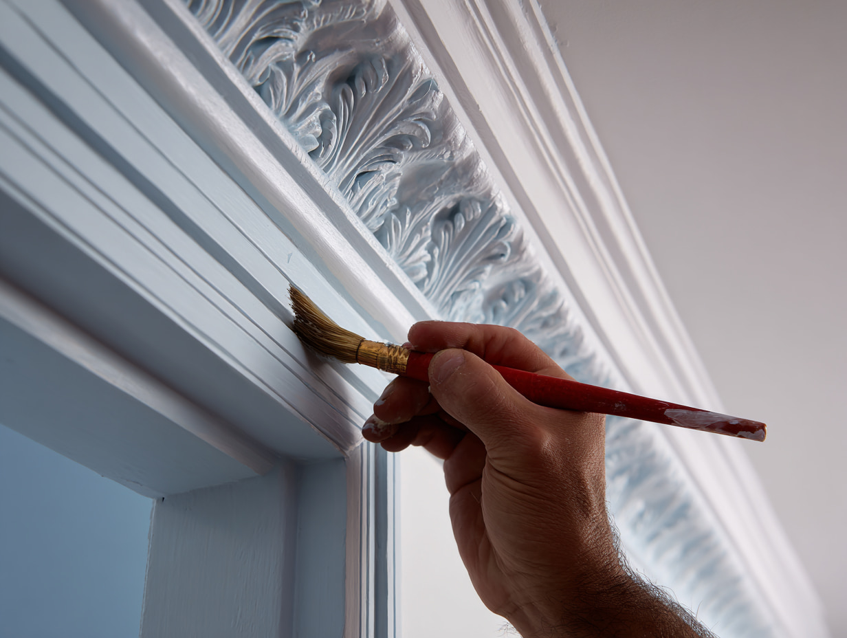 Fine brush cutting pale blue paint along ornate white architrave and decorative plaster cornice.