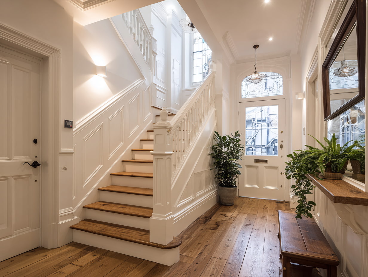 Bright hallway and staircase with white panelling, painted spindles, polished wood treads, and pendant light.