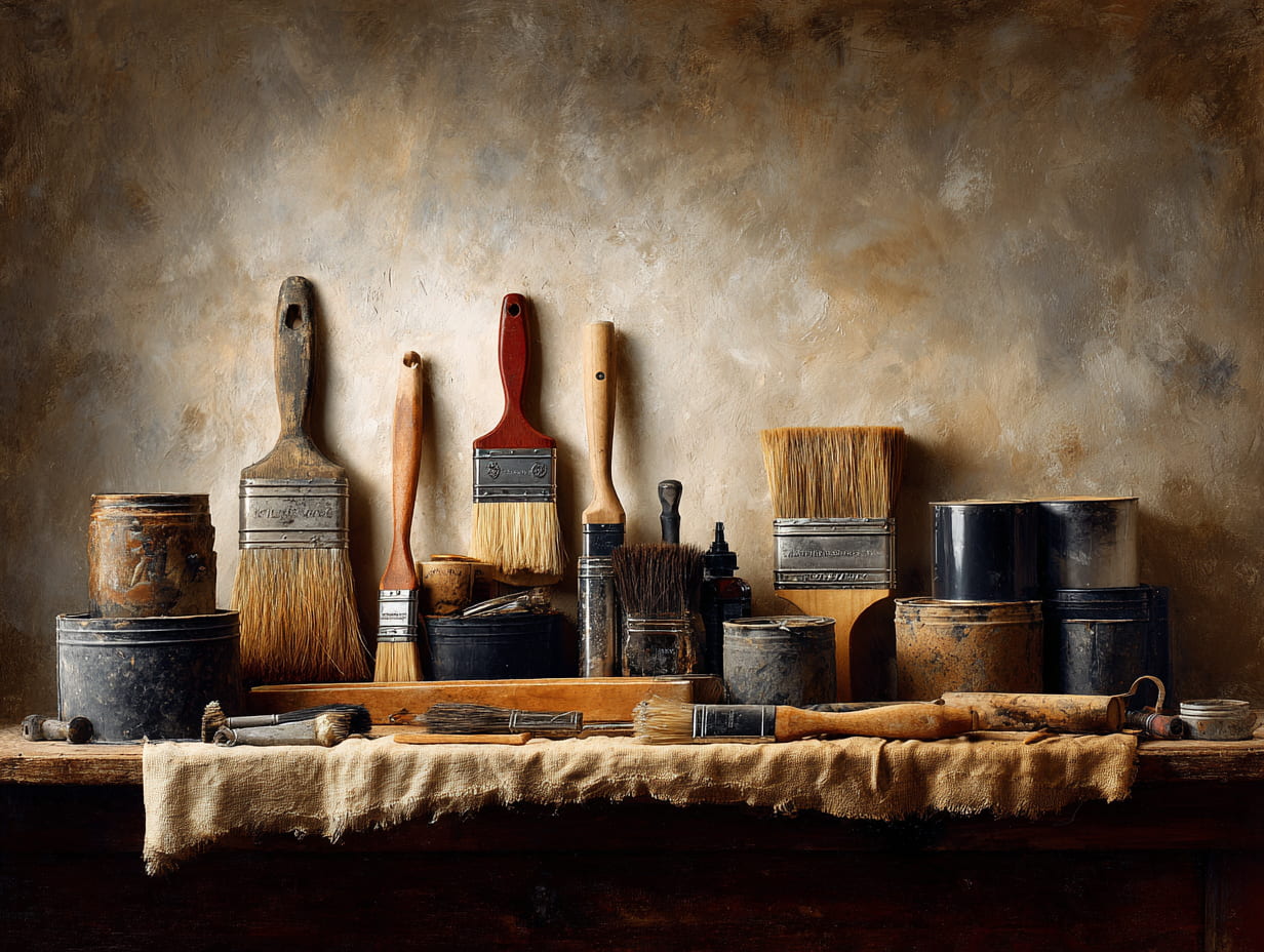 Still life of well-used brushes and paint tins on a rustic wooden bench with textured backdrop.