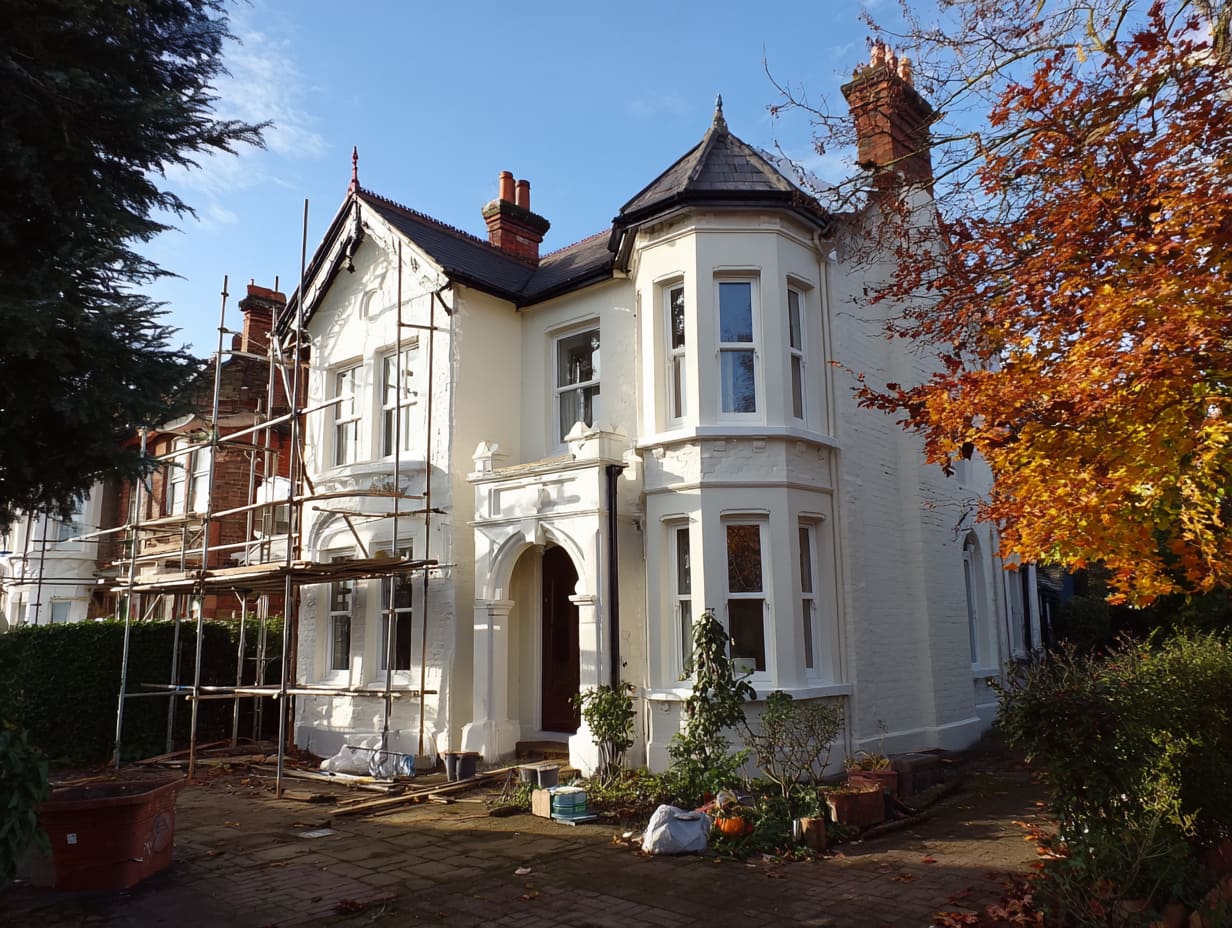Large cream-painted Victorian house with scaffolding on one elevation and materials on the drive.