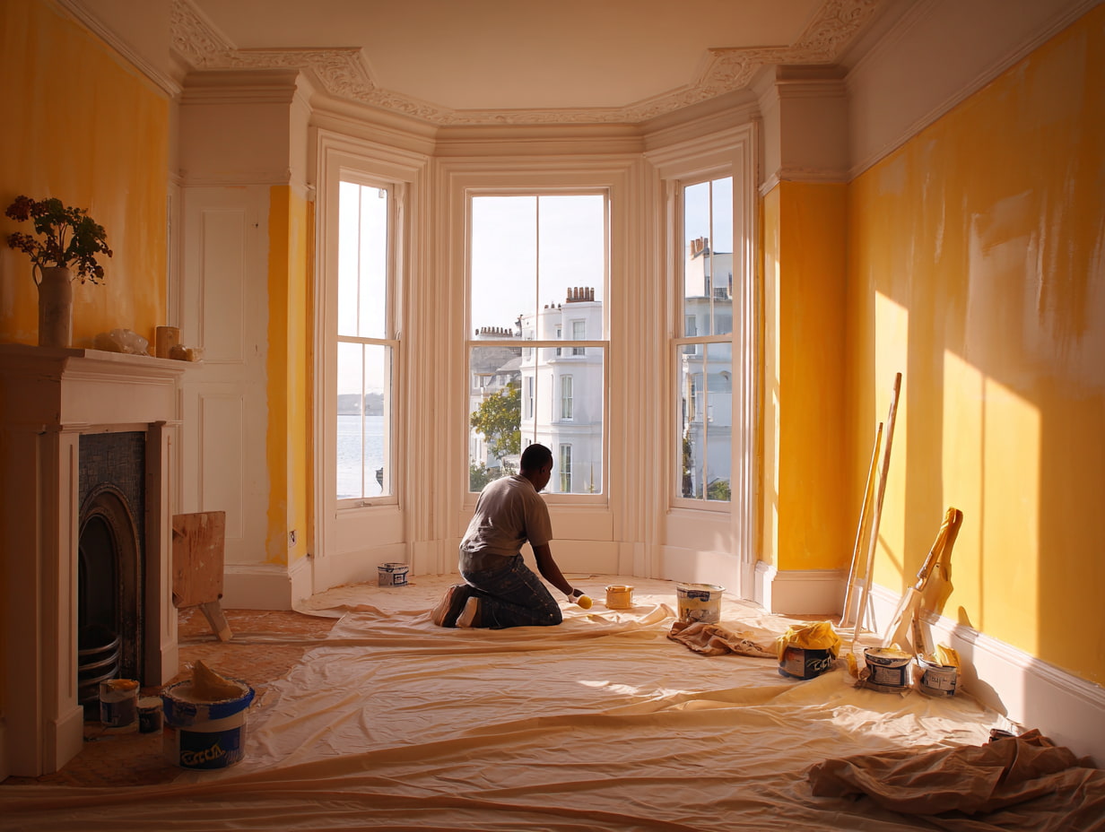 A decorator kneeling on a drop cloth in a large sunlit room with freshly painted yellow walls, white trim, and a bay window.