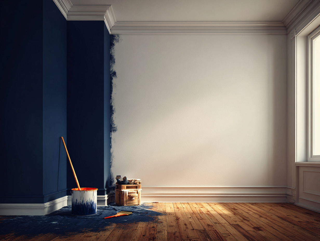 Interior redecoration in progress: deep navy feature wall beside a cream wall, crown moulding, hardwood floor, and painting kit including a bucket and brushes.