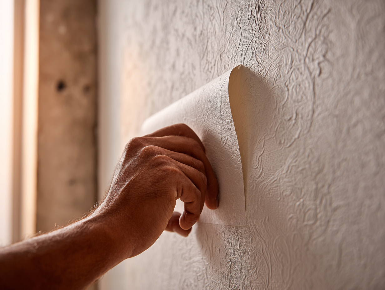 Decorator’s hand smoothing embossed cream wallpaper with a floral pattern onto a wall, showing texture and careful alignment.