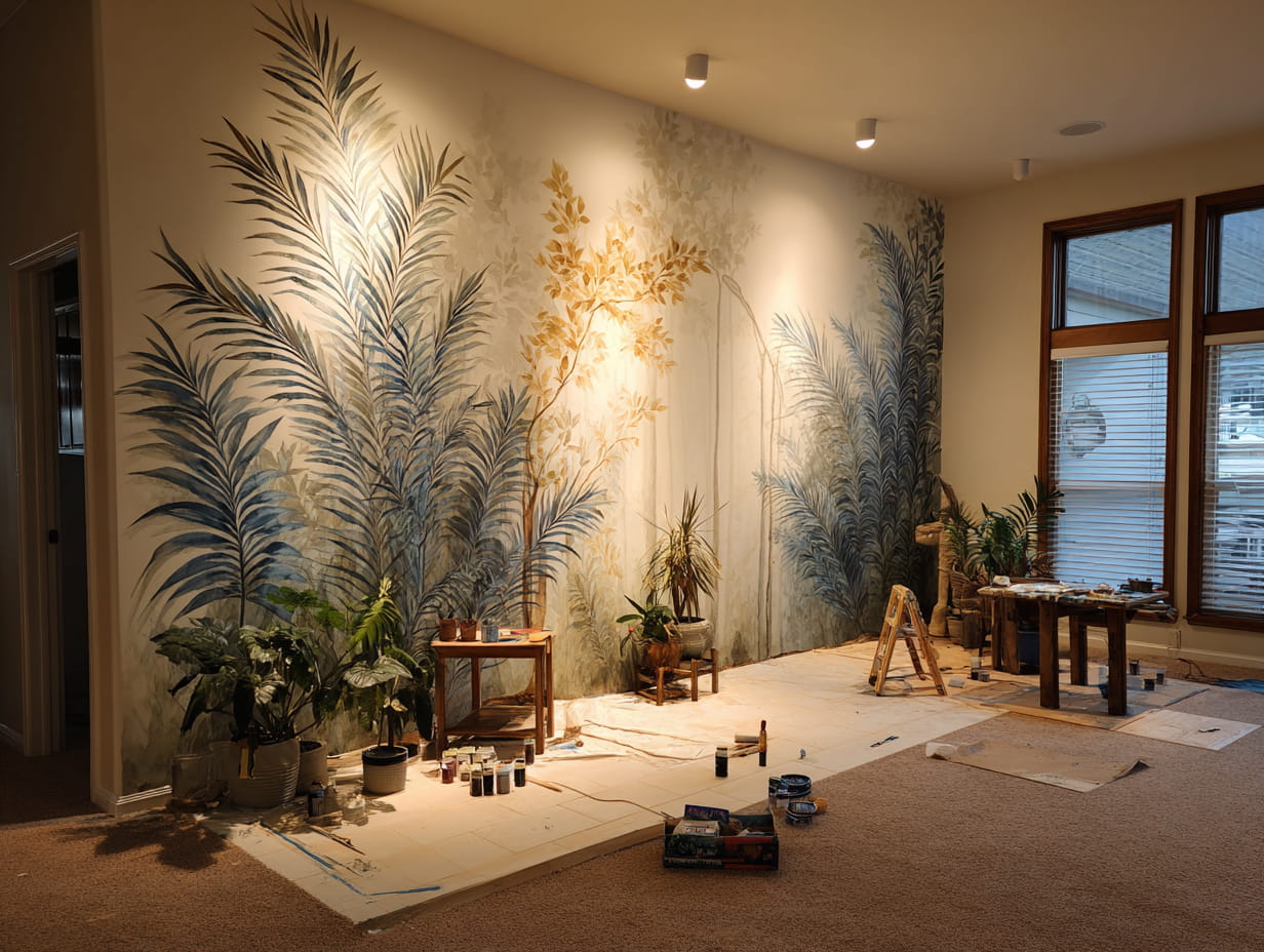 Large botanical wall mural in progress: teal and blue foliage with a soft golden centre, drop cloth, stepladder, and painting supplies in a bright room.