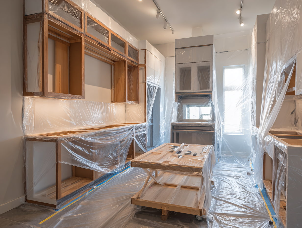 Kitchen fully masked for spraying: cabinets, worktops and floor covered in protective plastic sheeting and tape before paint application.