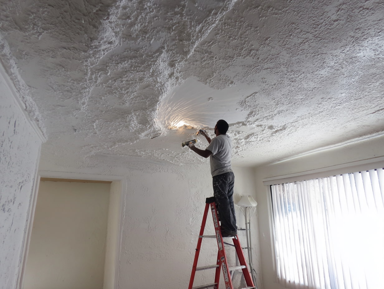 Decorator on a stepladder scraping heavy textured Artex from a ceiling, revealing a smoother surface beneath.